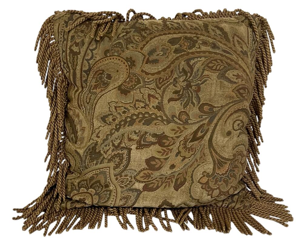 Borgata Luxury Decorative Pillow Long Rope Fringe Tan Paisley Tapestry 15”